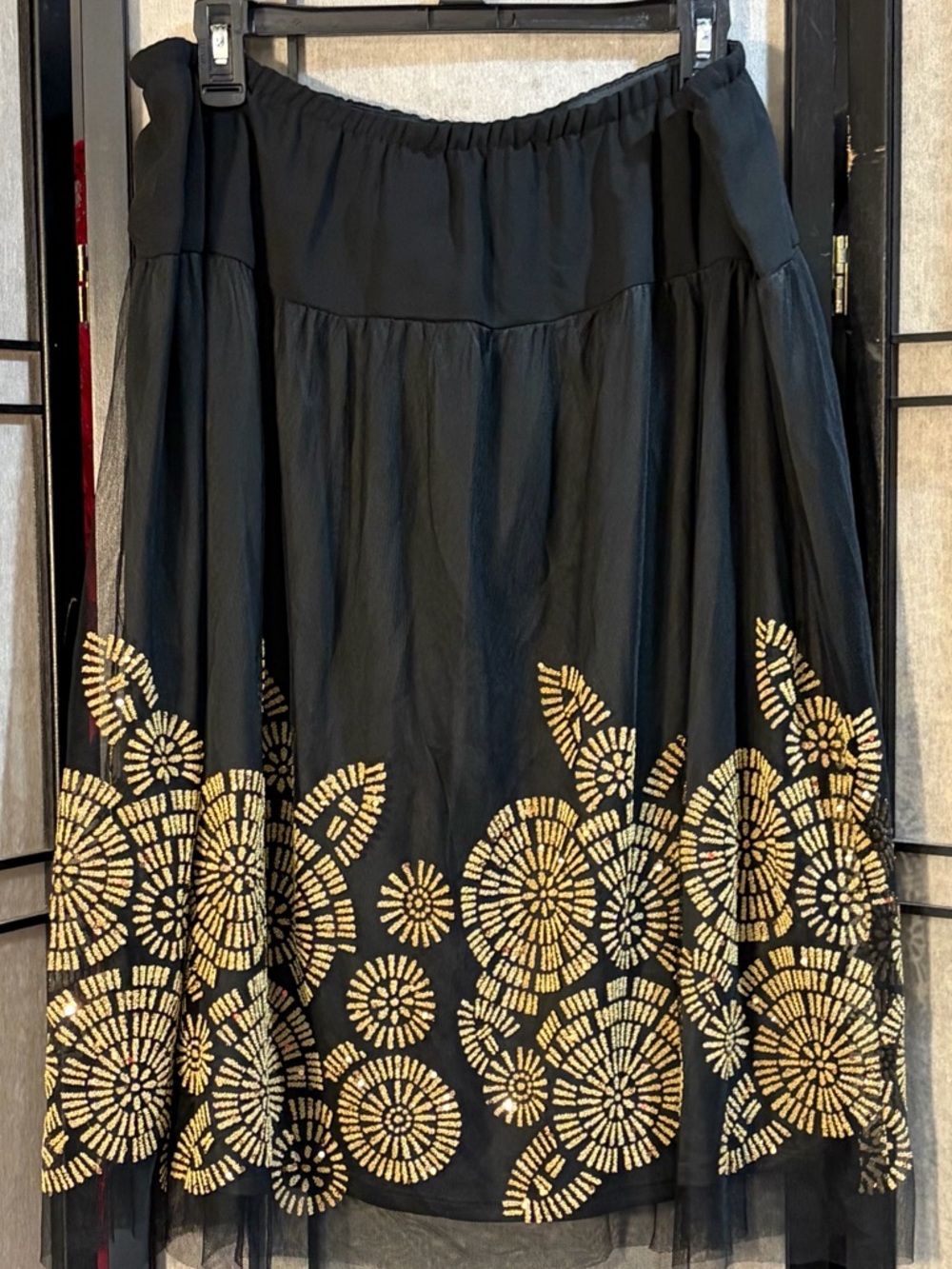 Women’s Cocktail Party Skirt Sz 18 WP Black Gold Sparkle Sequin Slip On Lined